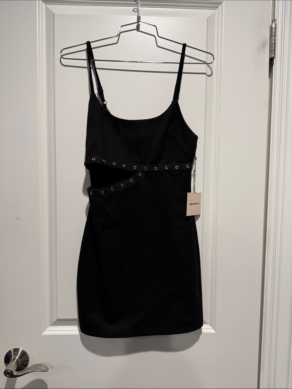 superdown Black Eyelet-Trim Spaghetti Strap Mini Dress
